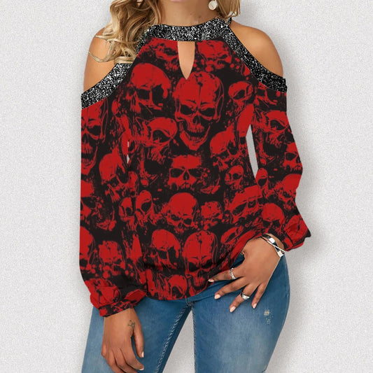 Halloween Skull Print Off The Shoulder Long Sleeve T-Shirt